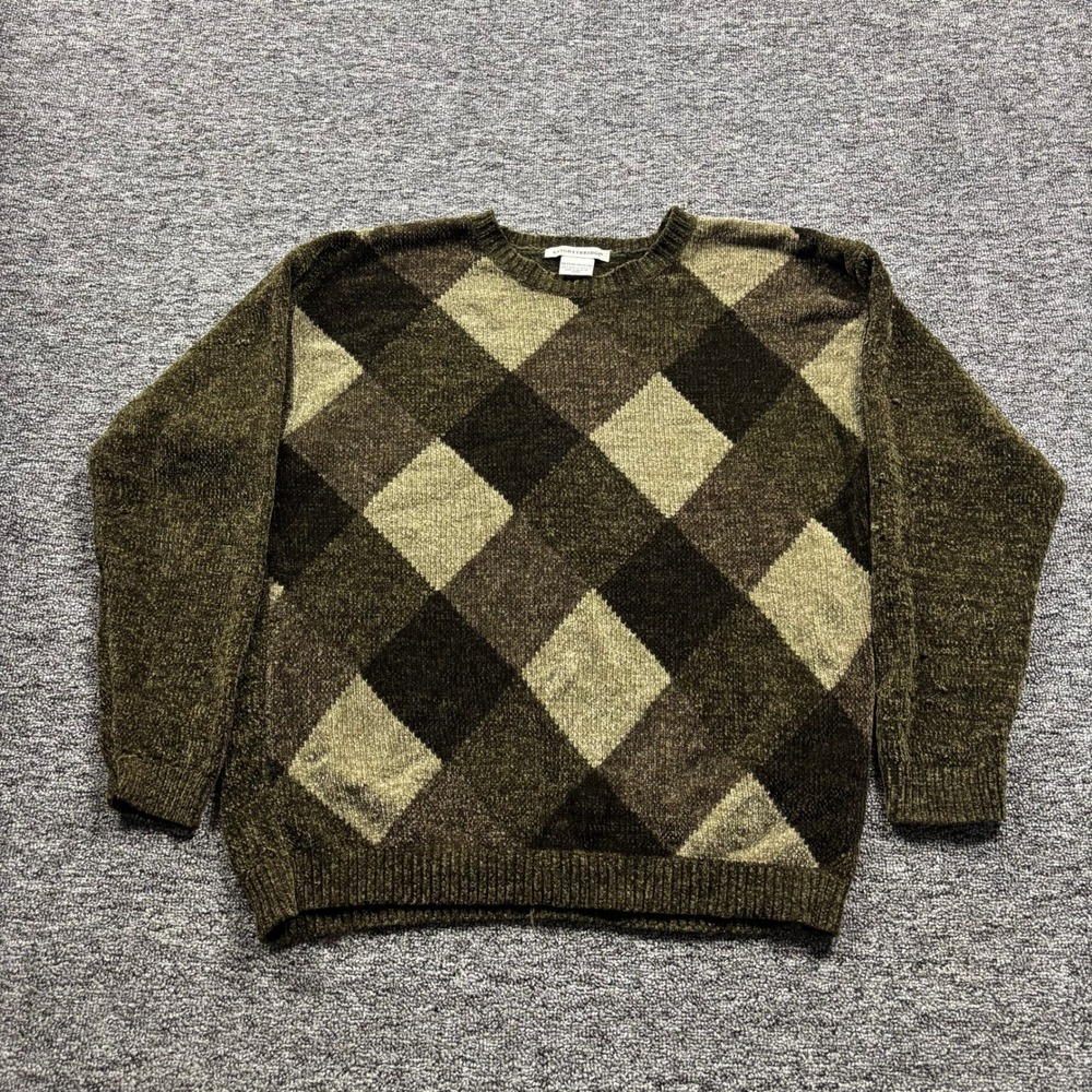 Vintage 1990s Knightsbridge Argyle Chenille Knit Grandpa Sweater Olive Green Med